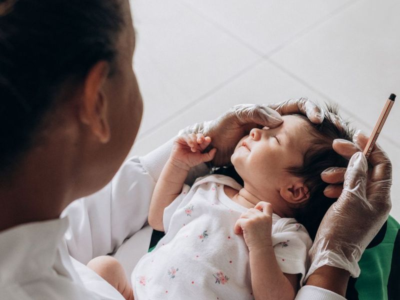 A clinician gently examining a newborn