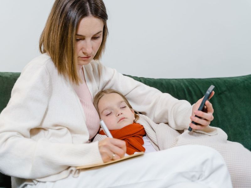 A mother on the phone while her sick child sleeps on her lap